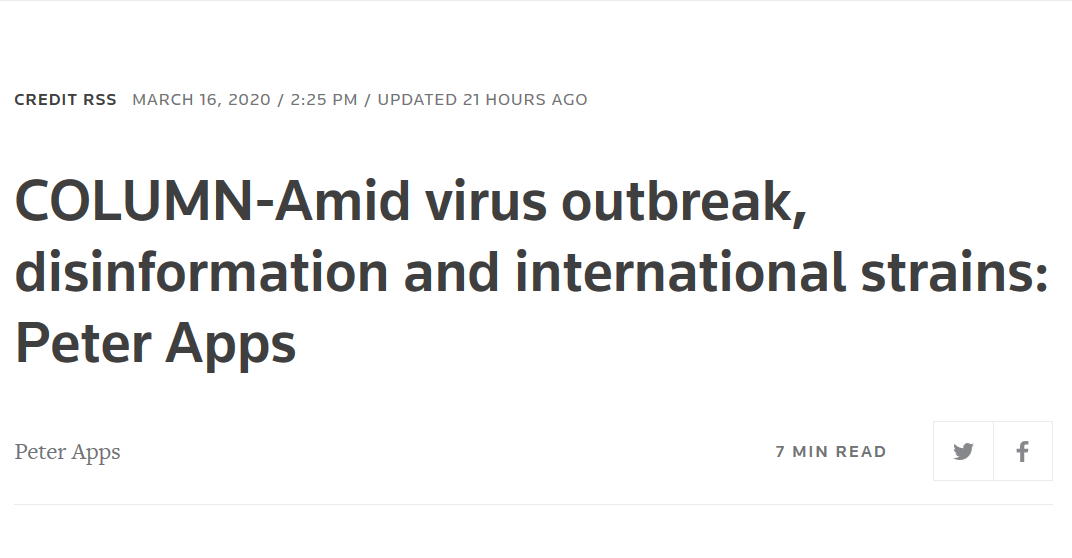 Reuters: COLUMN- Amid virus outbreak, disinformation and international strains
