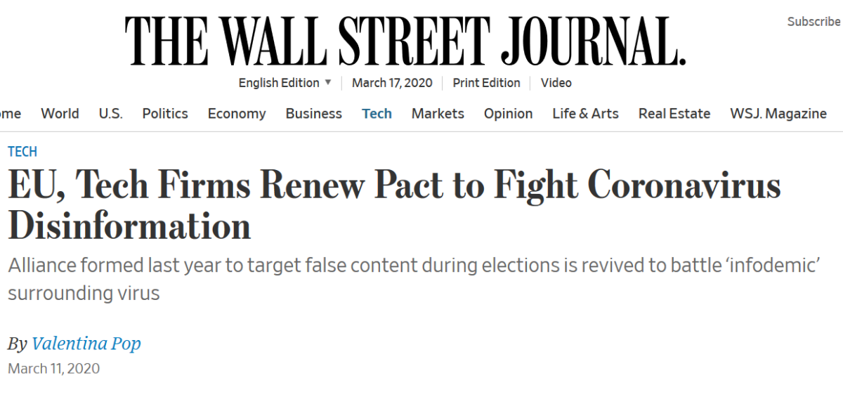 Wall Street Journal: EU, Tech Firms Renew Pact to Fight Coronavirus Disinformation