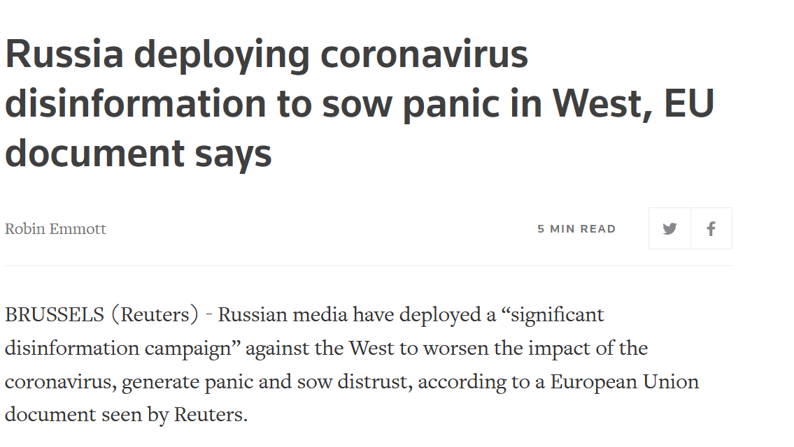 Reuters: Russia deploying coronavirus disinformation to sow panic in West, EU document says