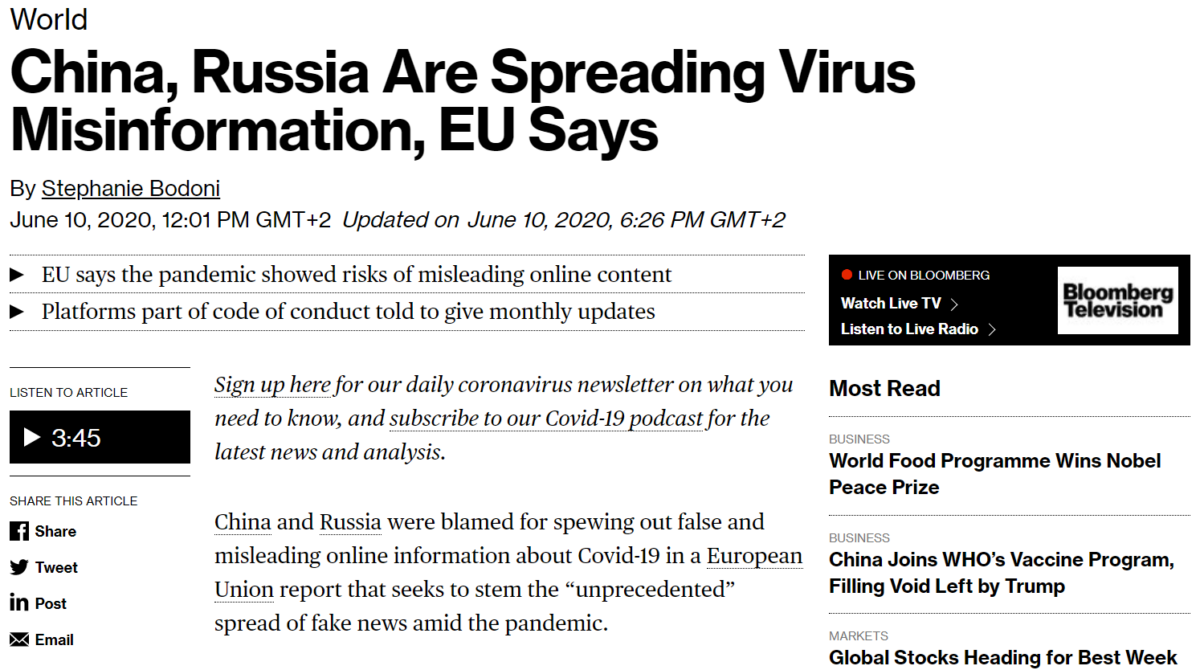 Bloomberg: China, Russia Are Spreading Virus Misinformation, EU Says