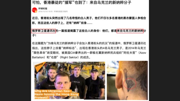 Global Times використала публікацію Sputnik, яка припустила, що українські неонацисти діяли в якості підкріплення для протестувальників у Гонконзі (12.03.2019)